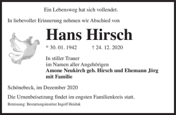 Traueranzeige von Hans Hirsch  von Magdeburger Volksstimme