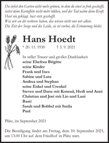 Traueranzeige von Hans Hoedt  von Magdeburger Volksstimme