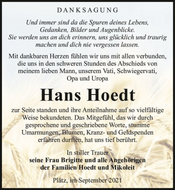 Traueranzeige von Hans Hoedt  von Magdeburger Volksstimme