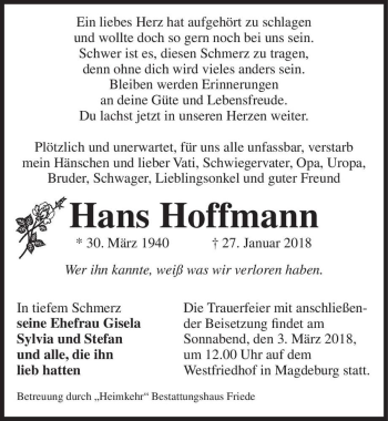 Traueranzeige von Hans Hoffmann  von Magdeburger Volksstimme