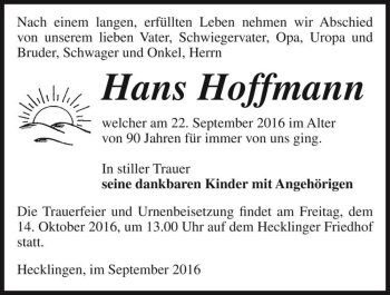 Traueranzeige von Hans Hoffmann  von Magdeburger Volksstimme