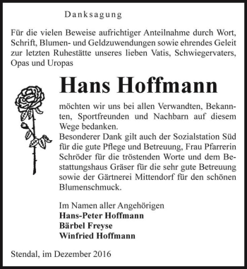 Traueranzeige von Hans Hoffmann  von Magdeburger Volksstimme