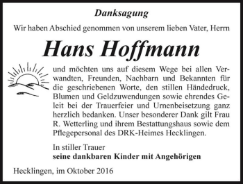 Traueranzeige von Hans Hoffmann  von Magdeburger Volksstimme