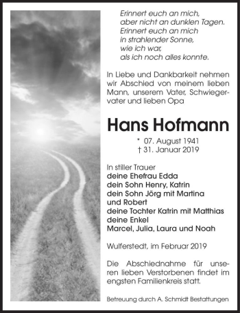 Traueranzeige von Hans Hofmann  von Magdeburger Volksstimme