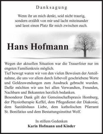 Traueranzeige von Hans Hofmann  von Magdeburger Volksstimme