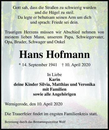 Traueranzeige von Hans Hofmann  von Magdeburger Volksstimme