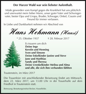 Traueranzeige von Hans Hohmann 