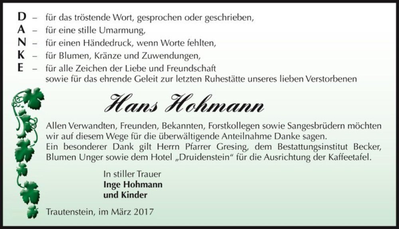  Traueranzeige für Hans Hohmann  vom 01.04.2017 aus Magdeburger Volksstimme
