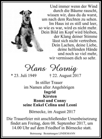 Traueranzeige von Hans Hornig  von Magdeburger Volksstimme