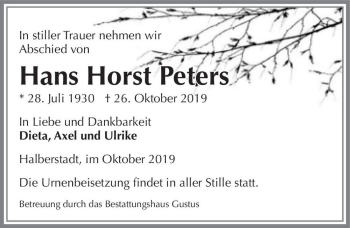 Traueranzeige von Hans Horst Peters  von Magdeburger Volksstimme