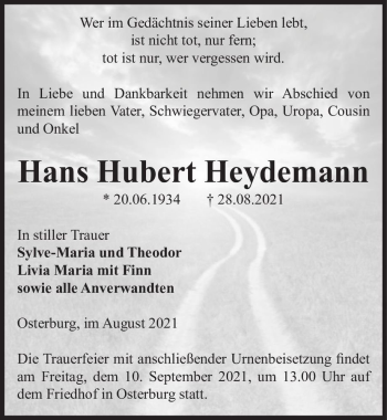Traueranzeige von Hans Hubert Heydemann  von Magdeburger Volksstimme