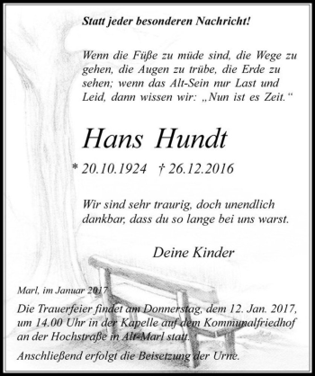 Traueranzeige von Hans Hundt  von Magdeburger Volksstimme