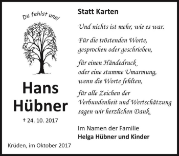 Traueranzeige von Hans Hübner  von Magdeburger Volksstimme