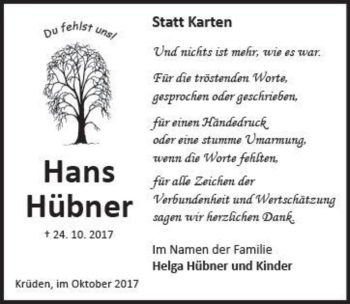 Traueranzeige von Hans Hübner  von Magdeburger Volksstimme