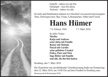 Traueranzeige von Hans Hümer  von Magdeburger Volksstimme