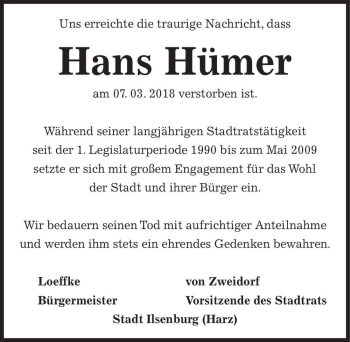 Traueranzeige von Hans Hümer  von Magdeburger Volksstimme