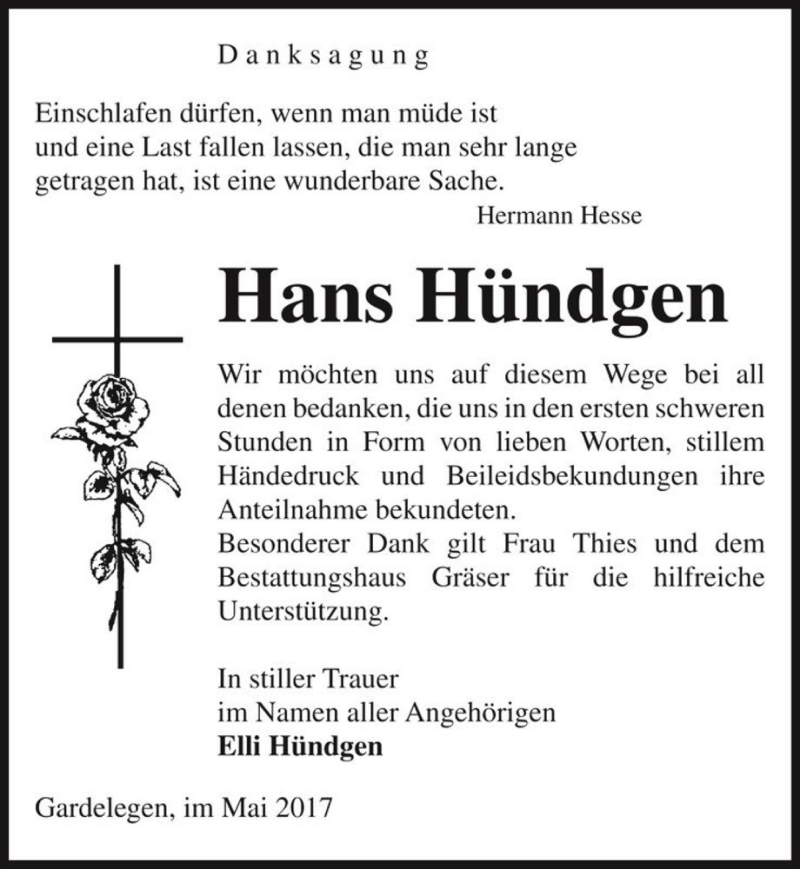  Traueranzeige für Hans Hündgen  vom 06.05.2017 aus Magdeburger Volksstimme