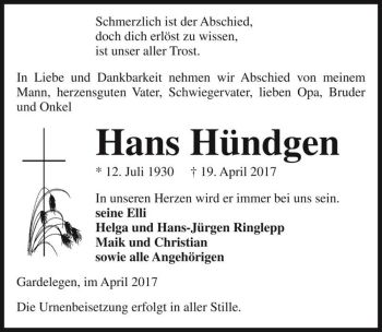Traueranzeige von Hans Hündgen  von Magdeburger Volksstimme