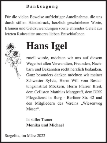 Traueranzeige von Hans Igel  von Magdeburger Volksstimme