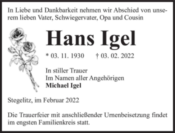 Traueranzeige von Hans Igel  von Magdeburger Volksstimme