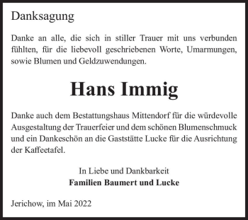 Traueranzeige von Hans Immig  von Magdeburger Volksstimme