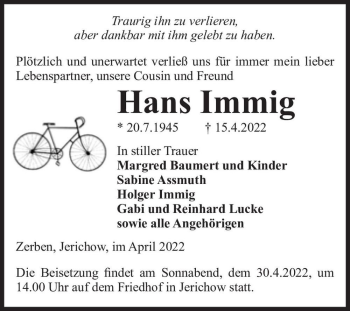 Traueranzeige von Hans Immig  von Magdeburger Volksstimme