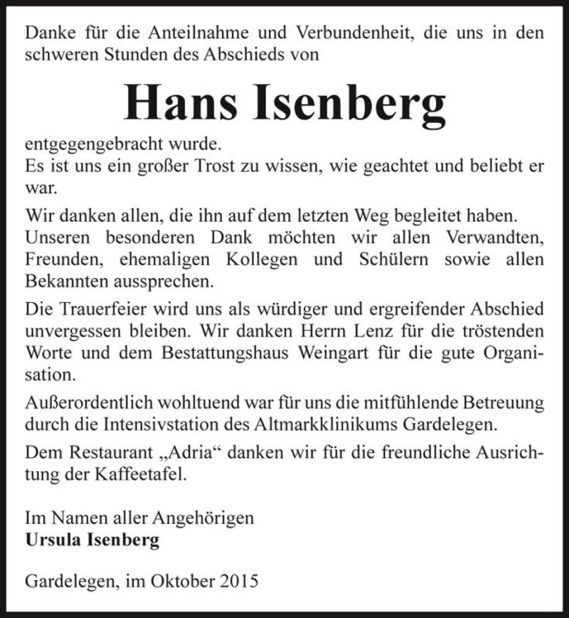  Traueranzeige für Hans Isenberg  vom 21.10.2015 aus Magdeburger Volksstimme