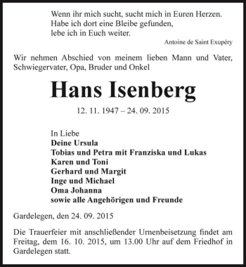 Traueranzeige von Hans Isenberg  von Magdeburger Volksstimme