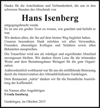 Traueranzeige von Hans Isenberg  von Magdeburger Volksstimme