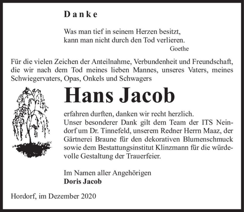  Traueranzeige für Hans Jacob  vom 30.12.2020 aus Magdeburger Volksstimme