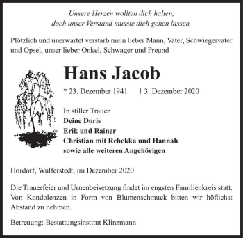 Traueranzeige von Hans Jacob  von Magdeburger Volksstimme