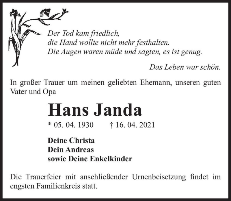  Traueranzeige für Hans Janda  vom 24.04.2021 aus Magdeburger Volksstimme