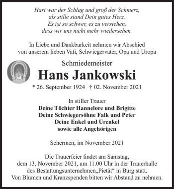 Traueranzeige von Hans Jankowski  von Magdeburger Volksstimme
