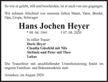 Traueranzeige von Hans Joachen Heyer  von Magdeburger Volksstimme