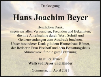 Traueranzeige von Hans Joachim Beyer  von Magdeburger Volksstimme