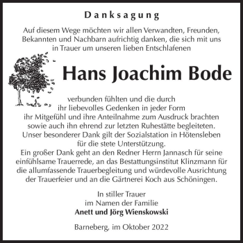 Traueranzeige von Hans Joachim Bode  von Magdeburger Volksstimme