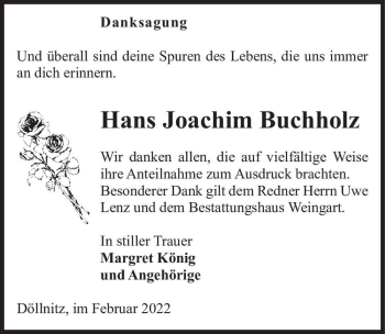 Traueranzeige von Hans Joachim Buchholz  von Magdeburger Volksstimme