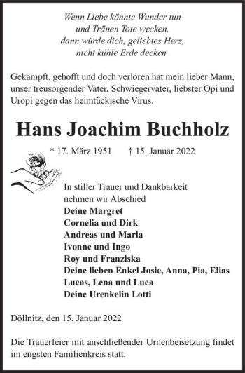 Traueranzeige von Hans Joachim Buchholz  von Magdeburger Volksstimme