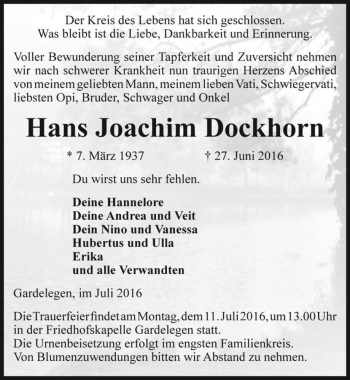 Traueranzeige von Hans Joachim Dockhorn  von Magdeburger Volksstimme