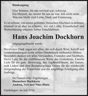Traueranzeige von Hans Joachim Dockhorn  von Magdeburger Volksstimme