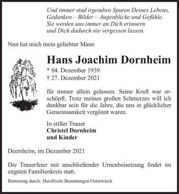 Traueranzeige von Hans Joachim Dornheim  von Magdeburger Volksstimme
