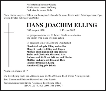 Traueranzeige von Hans Joachim Elling  von Magdeburger Volksstimme