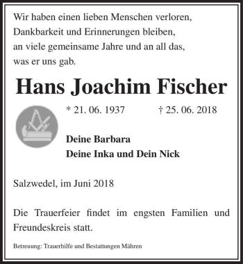 Traueranzeige von Hans Joachim Fischer  von Magdeburger Volksstimme