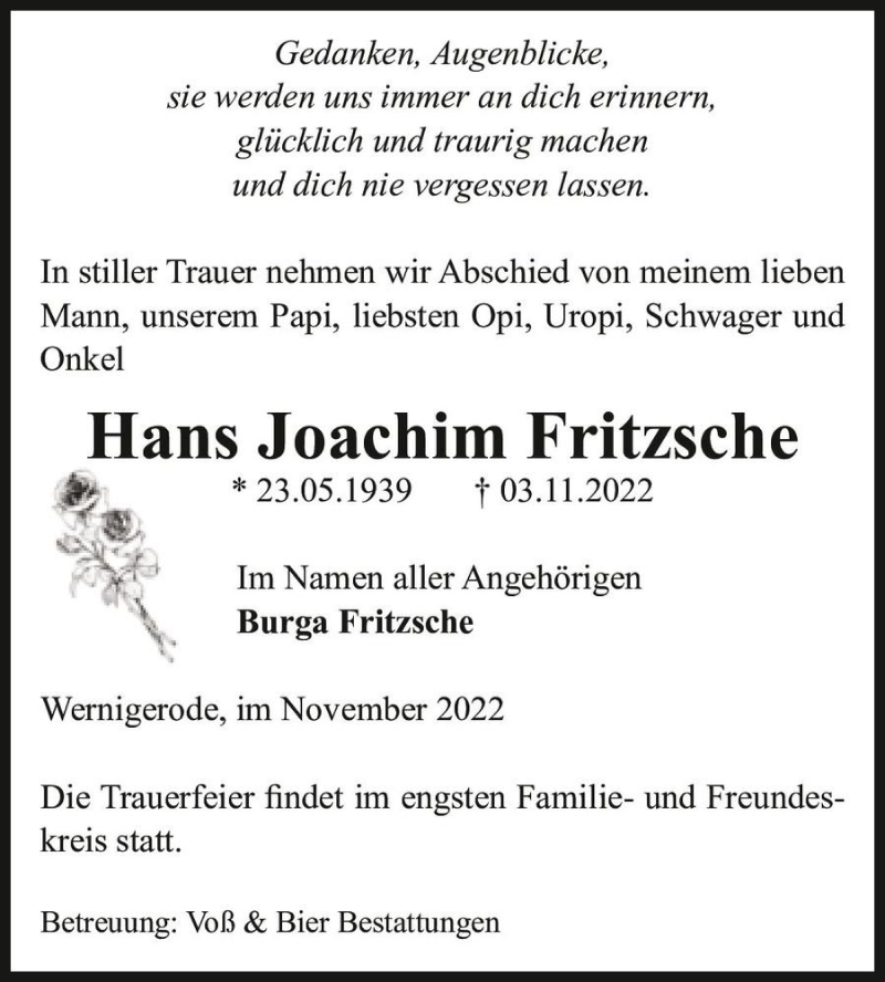  Traueranzeige für Hans Joachim Fritzsche  vom 05.11.2022 aus Magdeburger Volksstimme