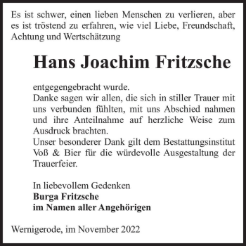 Traueranzeige von Hans Joachim Fritzsche  von Magdeburger Volksstimme