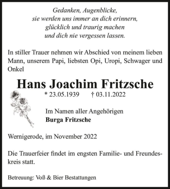 Traueranzeige von Hans Joachim Fritzsche  von Magdeburger Volksstimme