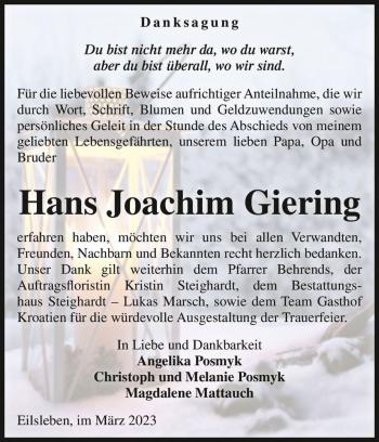 Traueranzeige von Hans Joachim Giering  von Magdeburger Volksstimme
