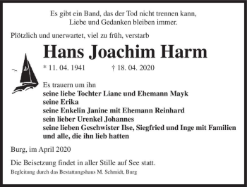 Traueranzeige von Hans Joachim Harm  von Magdeburger Volksstimme
