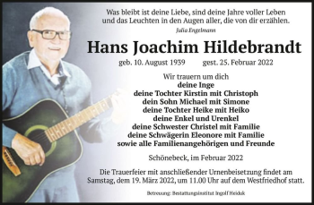 Traueranzeige von Hans Joachim Hildebrandt  von Magdeburger Volksstimme