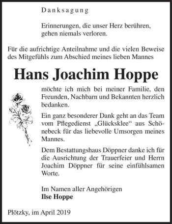 Traueranzeige von Hans Joachim Hoppe  von Magdeburger Volksstimme
